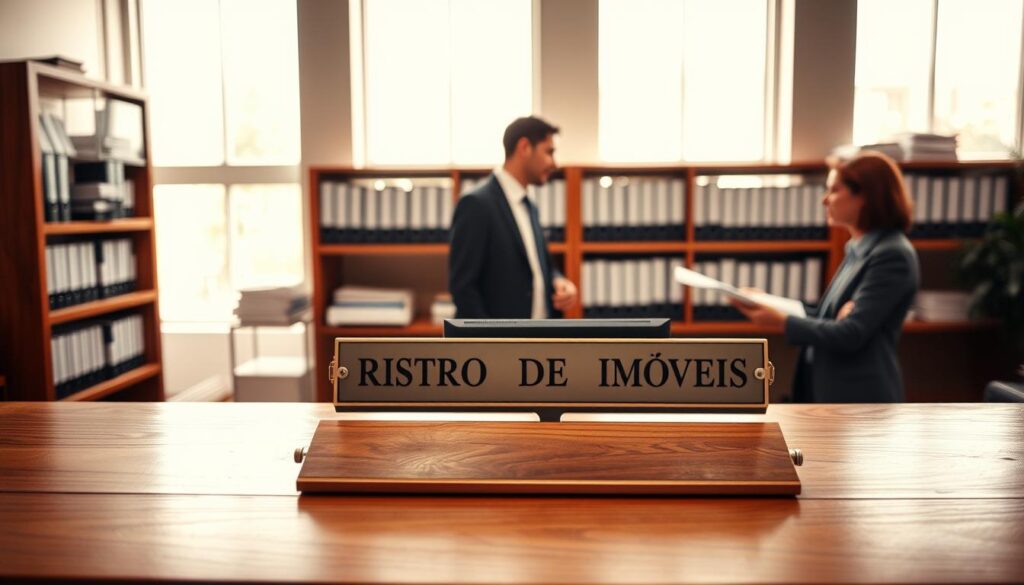 A detailed interior view of a "Registro de Imóveis" office, showcasing a wooden reception desk with an elegant nameplate reading "Cartório de Registro de Imóveis." In the foreground, a professional-looking individual dressed in business attire is speaking with a client, both appearing engaged in a discussion surrounded by paperwork. The middle ground features shelves filled with organized files and binders, reflecting a well-managed office environment. In the background, large windows allow soft, natural light to pour in, creating a warm and inviting atmosphere, with light illuminating the rich textures of the wood and paper. The overall mood of the image conveys professionalism, efficiency, and trustworthiness, essential for a property registry office. A detailed interior view of a "Registro de Imóveis" office, showcasing a wooden reception desk with an elegant nameplate reading "Cartório de Registro de Imóveis." In the foreground, a professional-looking individual dressed in business attire is speaking with a client, both appearing engaged in a discussion surrounded by paperwork. The middle ground features shelves filled with organized files and binders, reflecting a well-managed office environment. In the background, large windows allow soft, natural light to pour in, creating a warm and inviting atmosphere, with light illuminating the rich textures of the wood and paper. The overall mood of the image conveys professionalism, efficiency, and trustworthiness, essential for a property registry office.