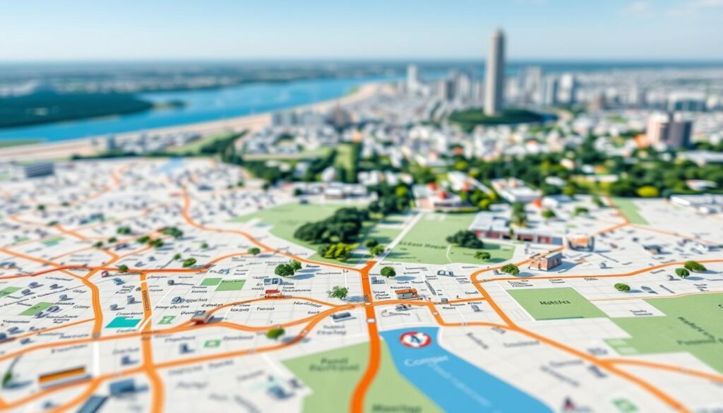 A detailed map focused on the city of Maringá, Brazil, prominently featuring the location of Cohapar. In the foreground, include clear labels for key streets, neighborhoods, and landmarks surrounding the Cohapar office, using contrasting colors for visibility. The middle section should show a stylized route leading to the Cohapar location, possibly indicating public transport options, with trees and cityscapes in soft focus to convey urban life. The background should provide a gentle gradient of blue sky, symbolizing a clear day. Utilize natural lighting to highlight the map's details, with a slightly aerial perspective to enhance the visual appeal. Aim for a professional and informative atmosphere, encouraging navigation and exploration. A detailed map focused on the city of Maringá, Brazil, prominently featuring the location of Cohapar. In the foreground, include clear labels for key streets, neighborhoods, and landmarks surrounding the Cohapar office, using contrasting colors for visibility. The middle section should show a stylized route leading to the Cohapar location, possibly indicating public transport options, with trees and cityscapes in soft focus to convey urban life. The background should provide a gentle gradient of blue sky, symbolizing a clear day. Utilize natural lighting to highlight the map's details, with a slightly aerial perspective to enhance the visual appeal. Aim for a professional and informative atmosphere, encouraging navigation and exploration.