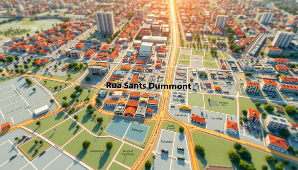 A detailed map illustration of Rua Santos Dumont in Maringá, showcasing its location within the surrounding neighborhoods. In the foreground, emphasize key landmarks such as parks, schools, and retail areas, rendered in vibrant colors for clarity. The middle layer of the map should feature street names and interconnecting roadways with clear, legible typography. In the background, include a soft gradient to represent the urban landscape, with a subtle focus on nearby residential and commercial buildings. Utilize natural sunlight to create a warm and inviting atmosphere, enhancing visibility. The perspective is slightly elevated, allowing for a comprehensive view of the street layout and surrounding context, providing a sense of orientation and community. A detailed map illustration of Rua Santos Dumont in Maringá, showcasing its location within the surrounding neighborhoods. In the foreground, emphasize key landmarks such as parks, schools, and retail areas, rendered in vibrant colors for clarity. The middle layer of the map should feature street names and interconnecting roadways with clear, legible typography. In the background, include a soft gradient to represent the urban landscape, with a subtle focus on nearby residential and commercial buildings. Utilize natural sunlight to create a warm and inviting atmosphere, enhancing visibility. The perspective is slightly elevated, allowing for a comprehensive view of the street layout and surrounding context, providing a sense of orientation and community.