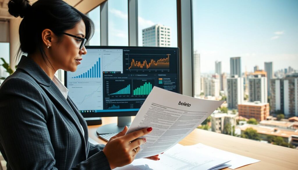 A detailed office scene illustrating the concept of "juros de obra" in real estate development. In the foreground, a professional woman in business attire is analyzing a document labeled “boleto” with a focused expression. The middle layer features a computer screen displaying graphs and numbers related to construction financing. In the background, a modern cityscape of Maringá is visible through large windows, showcasing urban developments. The lighting is bright and natural, with sunlight streaming in, creating a professional and inviting atmosphere. The angle is slightly above eye level, providing a comprehensive view of the workspace and the surroundings. The image conveys a sense of diligence and professionalism in finance and real estate. A detailed office scene illustrating the concept of "juros de obra" in real estate development. In the foreground, a professional woman in business attire is analyzing a document labeled “boleto” with a focused expression. The middle layer features a computer screen displaying graphs and numbers related to construction financing. In the background, a modern cityscape of Maringá is visible through large windows, showcasing urban developments. The lighting is bright and natural, with sunlight streaming in, creating a professional and inviting atmosphere. The angle is slightly above eye level, providing a comprehensive view of the workspace and the surroundings. The image conveys a sense of diligence and professionalism in finance and real estate.