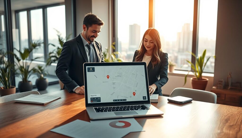 A detailed representation of a real estate transaction scene in a modern office setting. In the foreground, a professional-looking male and female real estate agent are standing by a large wooden desk, reviewing property documents. The middle ground features a laptop open with a digital map of the property locations nearby. In the background, large windows let in warm, natural light, showcasing a cityscape. Plants are placed strategically throughout the office to create a welcoming atmosphere. The agents are dressed in formal business attire, conveying professionalism and trust. The overall mood is one of focused collaboration and excitement, hinting at the important financial decisions being made. The image captures the essence of property transactions, emphasizing professionalism and clarity. A detailed representation of a real estate transaction scene in a modern office setting. In the foreground, a professional-looking male and female real estate agent are standing by a large wooden desk, reviewing property documents. The middle ground features a laptop open with a digital map of the property locations nearby. In the background, large windows let in warm, natural light, showcasing a cityscape. Plants are placed strategically throughout the office to create a welcoming atmosphere. The agents are dressed in formal business attire, conveying professionalism and trust. The overall mood is one of focused collaboration and excitement, hinting at the important financial decisions being made. The image captures the essence of property transactions, emphasizing professionalism and clarity.