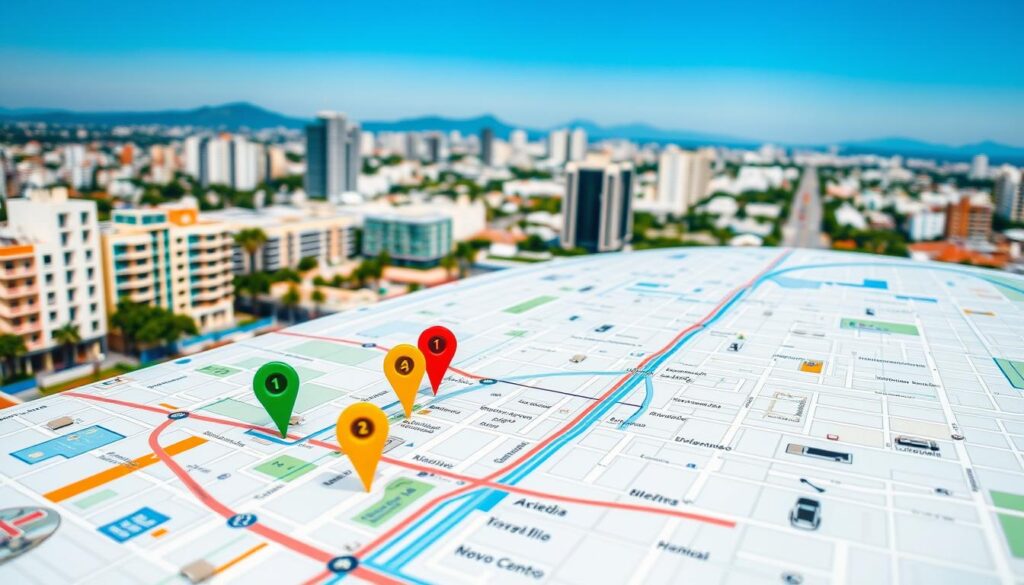 A detailed street map focusing on Avenida Horácio Raccanello, showcasing its key locations, neighborhoods, and postal code segments. The foreground features colorful markers indicating significant spots and residential areas along the avenue. In the middle, a clear layout of the avenue with well-defined lines, intersections, and surrounding streets, along with labeled neighborhoods like Novo Centro. The background displays an urban landscape that includes modern buildings and green spaces, evoking a vibrant city atmosphere. The lighting is bright and inviting, suggesting daytime, with a soft blue sky visible. The angle should be slightly elevated to provide a comprehensive overview, capturing the essence of urban living along Avenida Horácio Raccanello, emphasizing its significance in the neighborhood. A detailed street map focusing on Avenida Horácio Raccanello, showcasing its key locations, neighborhoods, and postal code segments. The foreground features colorful markers indicating significant spots and residential areas along the avenue. In the middle, a clear layout of the avenue with well-defined lines, intersections, and surrounding streets, along with labeled neighborhoods like Novo Centro. The background displays an urban landscape that includes modern buildings and green spaces, evoking a vibrant city atmosphere. The lighting is bright and inviting, suggesting daytime, with a soft blue sky visible. The angle should be slightly elevated to provide a comprehensive overview, capturing the essence of urban living along Avenida Horácio Raccanello, emphasizing its significance in the neighborhood.