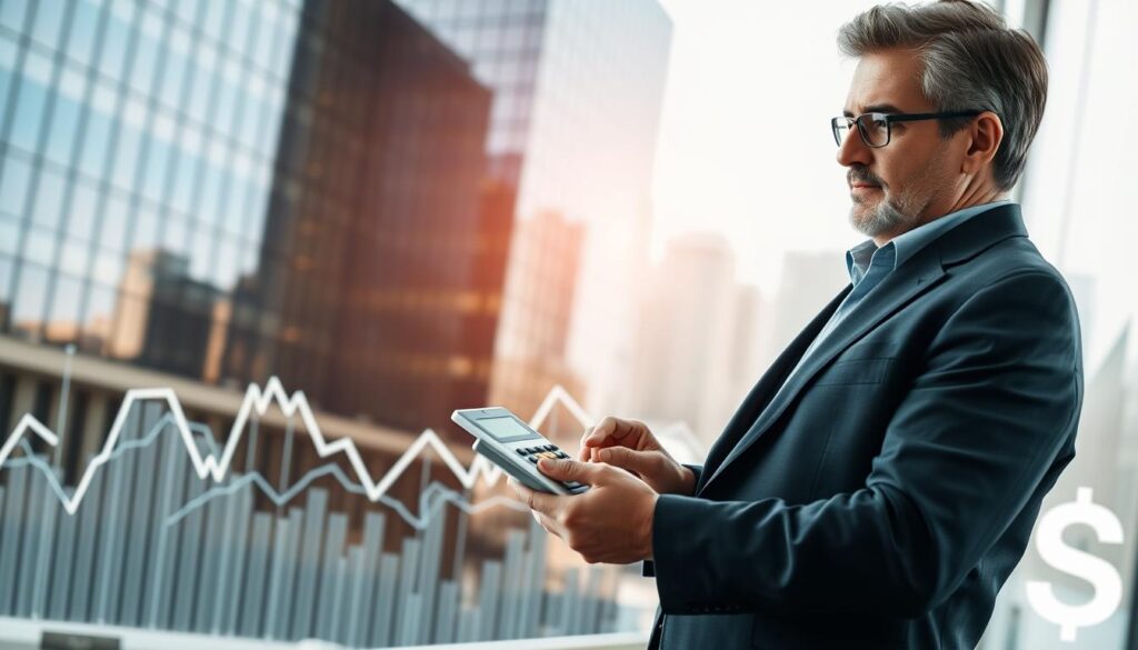 A detailed visual representation of the concept "Taxa Referencial" featuring symbolic elements like a bank building, financial graphs, and a calculator. In the foreground, a well-dressed professional, a middle-aged man or woman in business attire, is examining financial charts on a tablet, looking contemplative. The middle layer includes a large, modern bank building with glass windows reflecting the city skyline, emphasizing a sense of financial stability. In the background, there are abstract representations of fluctuating interest rates and currency symbols in soft focus, creating a dynamic, engaging atmosphere. The lighting is bright and clean, reminiscent of a productive office environment, highlighting the seriousness of financial matters while conveying a sense of hope for future economic security. A slight depth of field adds focus to the subject while keeping the background relevant. A detailed visual representation of the concept "Taxa Referencial" featuring symbolic elements like a bank building, financial graphs, and a calculator. In the foreground, a well-dressed professional, a middle-aged man or woman in business attire, is examining financial charts on a tablet, looking contemplative. The middle layer includes a large, modern bank building with glass windows reflecting the city skyline, emphasizing a sense of financial stability. In the background, there are abstract representations of fluctuating interest rates and currency symbols in soft focus, creating a dynamic, engaging atmosphere. The lighting is bright and clean, reminiscent of a productive office environment, highlighting the seriousness of financial matters while conveying a sense of hope for future economic security. A slight depth of field adds focus to the subject while keeping the background relevant.