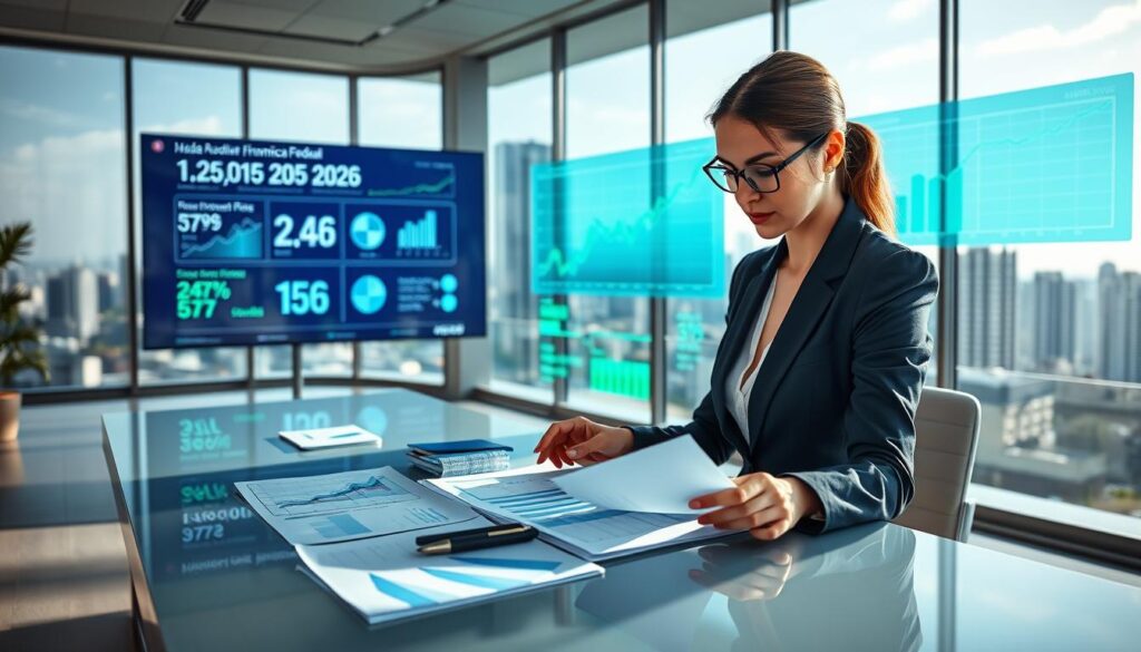 A detailed visualization of Caixa Econômica Federal's interest rates for real estate financing in the year 2026. In the foreground, a confident businesswoman in professional attire is analyzing financial documents on a sleek, modern desk, focusing on graphs and charts that depict interest rate trends. In the middle ground, large transparent screens display dynamic infographics related to housing finance and interest rates, illuminated with a blue and green color palette. The background features a contemporary office with panoramic windows showcasing a city skyline, emphasizing a professional atmosphere. Soft, natural lighting streams in, creating a sense of optimism and clarity, while a hint of depth of field directs attention to the subject and her work. A detailed visualization of Caixa Econômica Federal's interest rates for real estate financing in the year 2026. In the foreground, a confident businesswoman in professional attire is analyzing financial documents on a sleek, modern desk, focusing on graphs and charts that depict interest rate trends. In the middle ground, large transparent screens display dynamic infographics related to housing finance and interest rates, illuminated with a blue and green color palette. The background features a contemporary office with panoramic windows showcasing a city skyline, emphasizing a professional atmosphere. Soft, natural lighting streams in, creating a sense of optimism and clarity, while a hint of depth of field directs attention to the subject and her work.