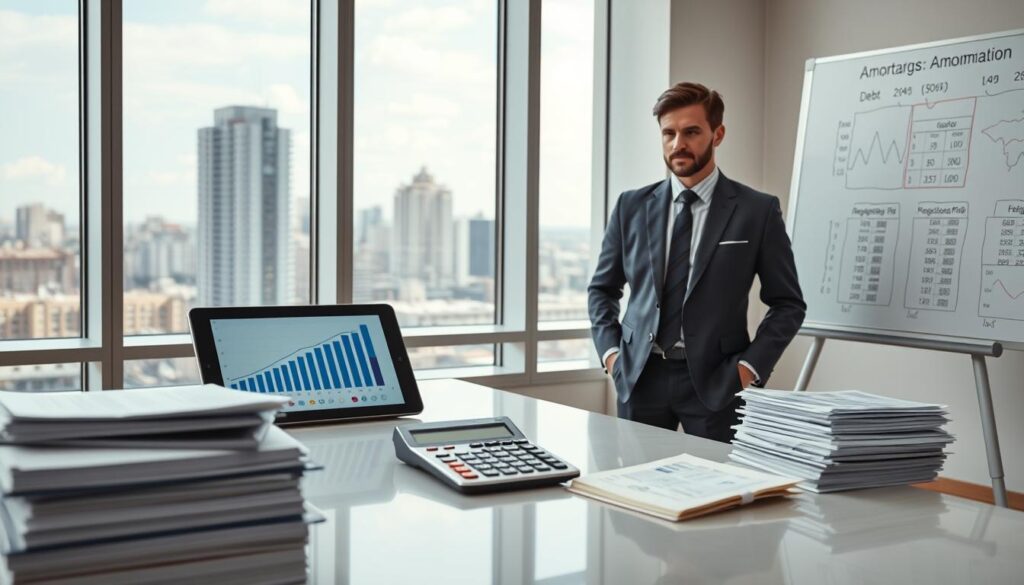 A detailed visualization of mortgage debt amortization, featuring a professional financial advisor, dressed in business attire, standing next to a modern, sleek table with a digital tablet displaying graphs and figures related to debt reduction. In the foreground, stacks of paperwork and a calculator are arranged neatly, symbolizing financial planning. The middle-ground showcases a large window allowing natural light to illuminate the scene, with a cityscape visible outside, representing opportunity. In the background, a whiteboard is filled with charts and diagrams about amortization schedules. The overall atmosphere conveys professionalism and clarity, inspiring a sense of hope and financial empowerment. Use soft, bright lighting to enhance focus and clarity in the image. A detailed visualization of mortgage debt amortization, featuring a professional financial advisor, dressed in business attire, standing next to a modern, sleek table with a digital tablet displaying graphs and figures related to debt reduction. In the foreground, stacks of paperwork and a calculator are arranged neatly, symbolizing financial planning. The middle-ground showcases a large window allowing natural light to illuminate the scene, with a cityscape visible outside, representing opportunity. In the background, a whiteboard is filled with charts and diagrams about amortization schedules. The overall atmosphere conveys professionalism and clarity, inspiring a sense of hope and financial empowerment. Use soft, bright lighting to enhance focus and clarity in the image.