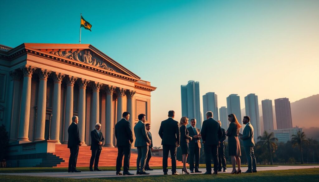 A dignified and visually striking depiction of the Brazilian judiciary system, featuring a grand courthouse in the foreground, showcasing classical architecture with tall columns and an ornate facade. In the middle ground, a diverse group of professionals in business attire, including judges and lawyers, engage in a discussion, reflecting the collaborative aspects of the court system. The background features a softly lit skyline of Curitiba, Paraná, under a clear blue sky, creating a sense of calm authority. The lighting is warm and inviting, enhancing the sense of professionalism and integrity. The perspective is slightly elevated, capturing both the courthouse and the professionals interacting, setting an ambiance of trust and justice. A dignified and visually striking depiction of the Brazilian judiciary system, featuring a grand courthouse in the foreground, showcasing classical architecture with tall columns and an ornate facade. In the middle ground, a diverse group of professionals in business attire, including judges and lawyers, engage in a discussion, reflecting the collaborative aspects of the court system. The background features a softly lit skyline of Curitiba, Paraná, under a clear blue sky, creating a sense of calm authority. The lighting is warm and inviting, enhancing the sense of professionalism and integrity. The perspective is slightly elevated, capturing both the courthouse and the professionals interacting, setting an ambiance of trust and justice.
