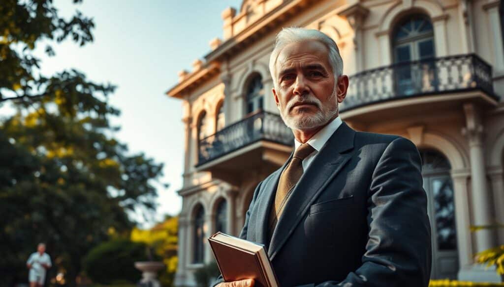 A dignified portrait of Dr. Luiz Teixeira Mendes, an influential figure in early 20th-century Brazil, depicted in formal business attire, standing proudly in front of an elegant, historical mansion representative of the Zona 05 architecture. The foreground features Dr. Mendes with a refined expression, possibly holding a book or document symbolizing his contributions to education and public service. The midground showcases architectural details of the mansion, with ornate balconies and colonial style, bathed in soft, warm afternoon sunlight. The background reveals lush greenery and a clear blue sky, creating a serene yet inspiring atmosphere. The image should evoke a sense of respect and historical importance, emphasizing his legacy in the city. Capture this scene with a slightly elevated angle to enhance the grandeur of the mansion and the subject. A dignified portrait of Dr. Luiz Teixeira Mendes, an influential figure in early 20th-century Brazil, depicted in formal business attire, standing proudly in front of an elegant, historical mansion representative of the Zona 05 architecture. The foreground features Dr. Mendes with a refined expression, possibly holding a book or document symbolizing his contributions to education and public service. The midground showcases architectural details of the mansion, with ornate balconies and colonial style, bathed in soft, warm afternoon sunlight. The background reveals lush greenery and a clear blue sky, creating a serene yet inspiring atmosphere. The image should evoke a sense of respect and historical importance, emphasizing his legacy in the city. Capture this scene with a slightly elevated angle to enhance the grandeur of the mansion and the subject.