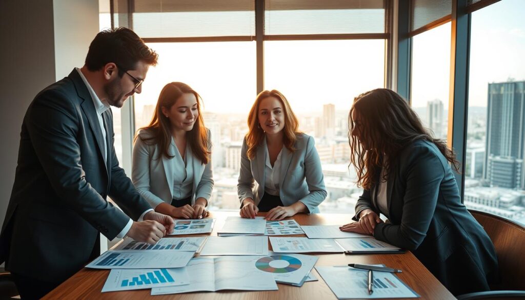 A diverse group of three professionals gathered around a table, deeply engaged in discussion about housing subsidies in Paraná. They are dressed in smart business attire, with a focus on collaboration and community support. The foreground features a detailed table scattered with documents related to the 'Casa Fácil' program, showcasing charts and graphs. In the middle, a large window lets in warm, natural light, illuminating the scene and casting soft shadows. The background displays a view of a modern cityscape, symbolizing growth and opportunity. The overall atmosphere conveys a sense of hope and determination, emphasizing the importance of understanding income limits for housing assistance in Paraná. A diverse group of three professionals gathered around a table, deeply engaged in discussion about housing subsidies in Paraná. They are dressed in smart business attire, with a focus on collaboration and community support. The foreground features a detailed table scattered with documents related to the 'Casa Fácil' program, showcasing charts and graphs. In the middle, a large window lets in warm, natural light, illuminating the scene and casting soft shadows. The background displays a view of a modern cityscape, symbolizing growth and opportunity. The overall atmosphere conveys a sense of hope and determination, emphasizing the importance of understanding income limits for housing assistance in Paraná.