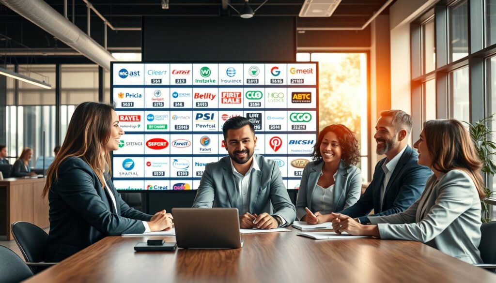 A dynamic scene emphasizes consumer choice regarding insurance. In the foreground, a diverse group of professional individuals—three people in business attire—engage in a discussion about insurance options at a modern office table, showcasing a mix of ethnicities and genders. In the middle ground, a large digital screen displays a variety of insurance company logos and rates, symbolizing choice and competition. The background features a stylish office environment with large windows allowing natural light to flood the space, creating an inviting atmosphere. The overall mood is empowering and optimistic, highlighting the theme of consumer rights. Use soft lighting to enhance clarity and depth, with a slight focus on the foreground participants to draw attention to their interaction. A dynamic scene emphasizes consumer choice regarding insurance. In the foreground, a diverse group of professional individuals—three people in business attire—engage in a discussion about insurance options at a modern office table, showcasing a mix of ethnicities and genders. In the middle ground, a large digital screen displays a variety of insurance company logos and rates, symbolizing choice and competition. The background features a stylish office environment with large windows allowing natural light to flood the space, creating an inviting atmosphere. The overall mood is empowering and optimistic, highlighting the theme of consumer rights. Use soft lighting to enhance clarity and depth, with a slight focus on the foreground participants to draw attention to their interaction.
