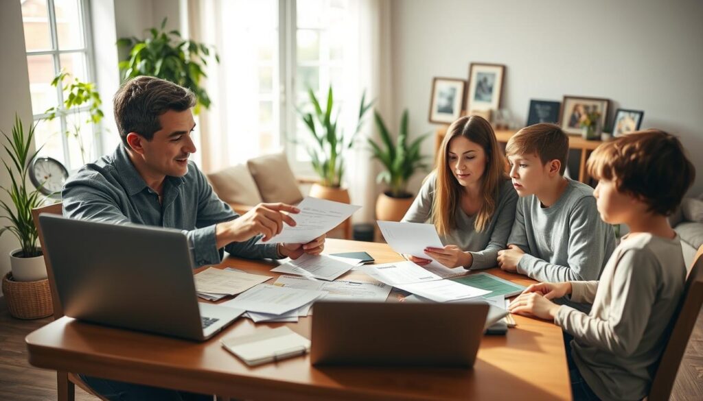 A family of four, consisting of a father, mother, and two children, seated around a dining table cluttered with papers and a laptop, engaged in a discussion about household finances. The father, wearing a smart casual shirt, is explaining something while pointing to a document, the mother, dressed modestly, is taking notes, and the children, in casual clothing, look attentive. In the background, a cozy, well-lit living room with plants and family photos creates a warm atmosphere. Soft, natural light filters through a window, casting gentle shadows. The overall mood is focused and serious, reflecting the importance of calculating familial income for financial planning. A family of four, consisting of a father, mother, and two children, seated around a dining table cluttered with papers and a laptop, engaged in a discussion about household finances. The father, wearing a smart casual shirt, is explaining something while pointing to a document, the mother, dressed modestly, is taking notes, and the children, in casual clothing, look attentive. In the background, a cozy, well-lit living room with plants and family photos creates a warm atmosphere. Soft, natural light filters through a window, casting gentle shadows. The overall mood is focused and serious, reflecting the importance of calculating familial income for financial planning.