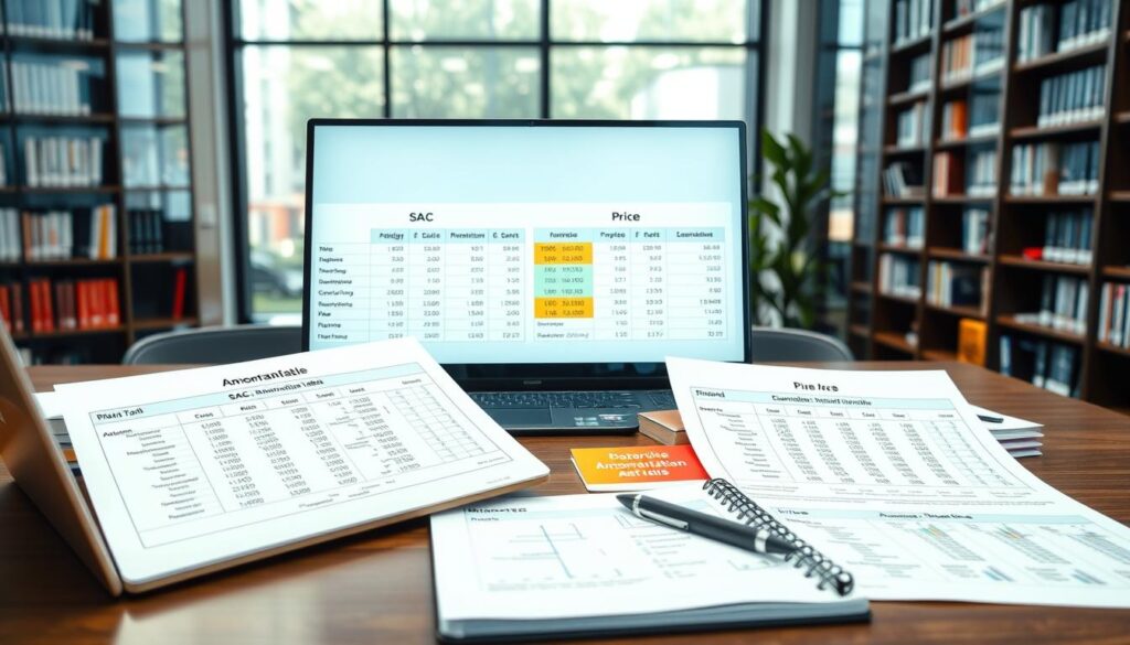 A financial analyst's desk featuring well-organized printed charts of SAC and Price amortization tables, showcasing clear numerical data and visual graphs. The foreground includes a sleek laptop displaying an interactive financial model with a notebook and pen beside it. In the middle, the highlighted charts are linked with color-coded labels illustrating the differences between SAC and Price methodologies. The background has a modern office setting with bookshelves filled with finance literature and large windows allowing natural light to pour in, casting soft reflections. The atmosphere is professional and analytical, with a focus on clarity and detail in the portrayal of financial concepts. A financial analyst's desk featuring well-organized printed charts of SAC and Price amortization tables, showcasing clear numerical data and visual graphs. The foreground includes a sleek laptop displaying an interactive financial model with a notebook and pen beside it. In the middle, the highlighted charts are linked with color-coded labels illustrating the differences between SAC and Price methodologies. The background has a modern office setting with bookshelves filled with finance literature and large windows allowing natural light to pour in, casting soft reflections. The atmosphere is professional and analytical, with a focus on clarity and detail in the portrayal of financial concepts.