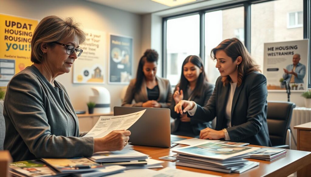 A focused office scene depicting a diverse group of individuals engaged in the process of updating their housing registration for a social housing program. In the foreground, a middle-aged woman with glasses, dressed in smart casual attire, is filling out a form at a desk cluttered with housing brochures and a laptop. In the middle ground, a young couple is consulting with an attentive professional in business attire, pointing at the laptop screen. The background shows a vibrant office environment with motivational posters about housing programs and a large window letting in natural light, enhancing a hopeful atmosphere. Soft, warm lighting casts gentle shadows, creating an inviting mood. A focused office scene depicting a diverse group of individuals engaged in the process of updating their housing registration for a social housing program. In the foreground, a middle-aged woman with glasses, dressed in smart casual attire, is filling out a form at a desk cluttered with housing brochures and a laptop. In the middle ground, a young couple is consulting with an attentive professional in business attire, pointing at the laptop screen. The background shows a vibrant office environment with motivational posters about housing programs and a large window letting in natural light, enhancing a hopeful atmosphere. Soft, warm lighting casts gentle shadows, creating an inviting mood.