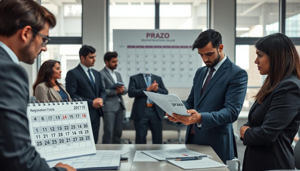 A focused scene depicting a professional office environment where a group of diverse individuals in business attire are engaged in a discussion about registration timelines. In the foreground, two attentive individuals are reviewing documents with highlighted dates, symbolizing the “prazo” or deadline, conveying seriousness and engagement. The middle ground features a large calendar on the wall, displaying a two-year timeline marked clearly. The background showcases large windows letting in soft, natural light, paired with modern office furniture, giving a polished and professional atmosphere. The overall mood should be serious yet collaborative, reflecting the importance of the registration process. Use a shallow depth of field to emphasize the interactions in the foreground while keeping the background slightly blurred for context. A focused scene depicting a professional office environment where a group of diverse individuals in business attire are engaged in a discussion about registration timelines. In the foreground, two attentive individuals are reviewing documents with highlighted dates, symbolizing the “prazo” or deadline, conveying seriousness and engagement. The middle ground features a large calendar on the wall, displaying a two-year timeline marked clearly. The background showcases large windows letting in soft, natural light, paired with modern office furniture, giving a polished and professional atmosphere. The overall mood should be serious yet collaborative, reflecting the importance of the registration process. Use a shallow depth of field to emphasize the interactions in the foreground while keeping the background slightly blurred for context.