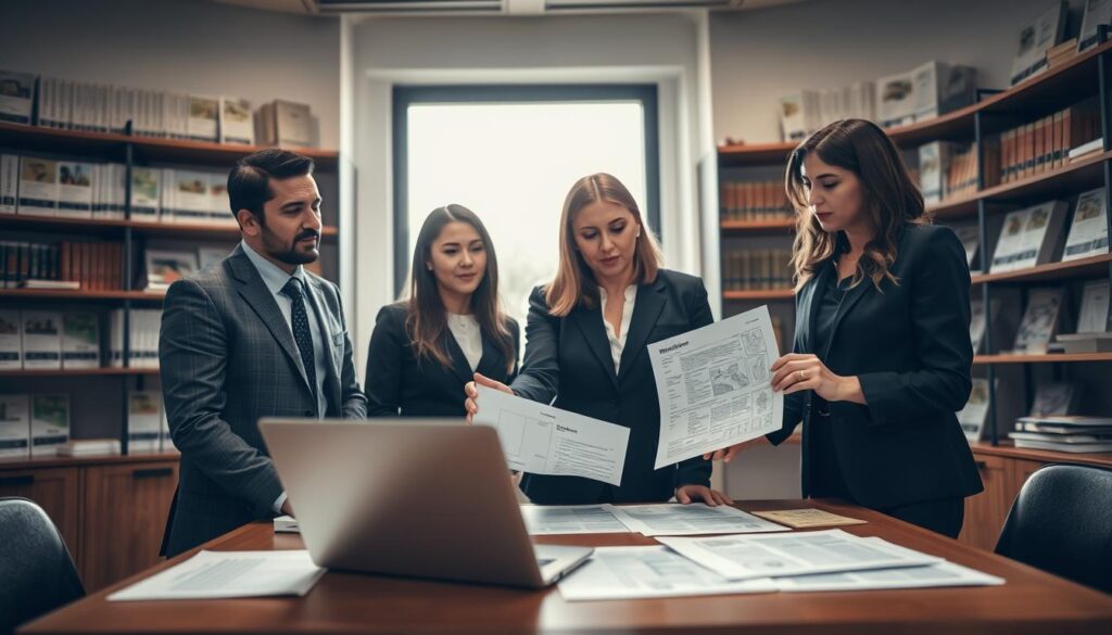A formal office environment showcasing the concept of real estate transactions and tax implications. In the foreground, a diverse group of three professionals, a man and two women, are gathered around a table covered with documents and a laptop, all dressed in business attire. One woman is pointing at a document, illustrating a property transfer, while the others observe intently. In the middle, there’s a large window with natural light flooding in, casting a warm glow over the scene. The background features shelves filled with legal books and property listings. The atmosphere is focused and serious, emphasizing the importance of understanding ITBI (Imposto de Transmissão de Bens Imóveis) and property transfers. The composition should have a slight depth of field, keeping the professionals in sharp focus while softly blurring the background detail. A formal office environment showcasing the concept of real estate transactions and tax implications. In the foreground, a diverse group of three professionals, a man and two women, are gathered around a table covered with documents and a laptop, all dressed in business attire. One woman is pointing at a document, illustrating a property transfer, while the others observe intently. In the middle, there’s a large window with natural light flooding in, casting a warm glow over the scene. The background features shelves filled with legal books and property listings. The atmosphere is focused and serious, emphasizing the importance of understanding ITBI (Imposto de Transmissão de Bens Imóveis) and property transfers. The composition should have a slight depth of field, keeping the professionals in sharp focus while softly blurring the background detail.