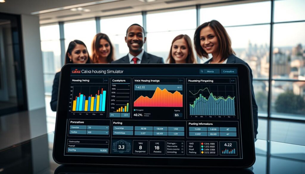 A futuristic digital interface showcasing the "Caixa Housing Simulator" prominently in the foreground. The simulator displays colorful graphs and data points relevant to housing financing, with input fields for user information. In the middle ground, a diverse group of three individuals, dressed in professional business attire, interact with the simulator, emphasizing collaboration and consultation. The background features a sleek modern office setting with large windows overlooking a cityscape representing Maringá, under bright, natural daylight. The mood is optimistic and focused, conveying clarity and professionalism. Soft lighting enhances the high-tech feel of the environment, while a slight depth of field draws attention to the simulation screen. A futuristic digital interface showcasing the "Caixa Housing Simulator" prominently in the foreground. The simulator displays colorful graphs and data points relevant to housing financing, with input fields for user information. In the middle ground, a diverse group of three individuals, dressed in professional business attire, interact with the simulator, emphasizing collaboration and consultation. The background features a sleek modern office setting with large windows overlooking a cityscape representing Maringá, under bright, natural daylight. The mood is optimistic and focused, conveying clarity and professionalism. Soft lighting enhances the high-tech feel of the environment, while a slight depth of field draws attention to the simulation screen.