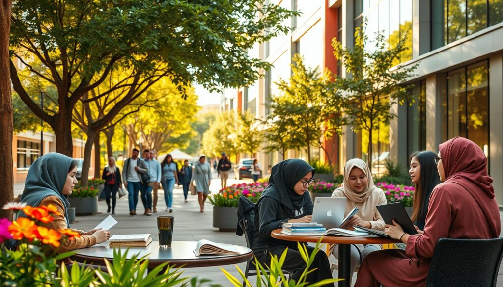A lively college neighborhood near Unicesumar, showcasing a vibrant street scene filled with students in modest casual clothing engaged in study and discussion. In the foreground, a group of diverse young adults sits at an outdoor café table, surrounded by textbooks and laptops, immersed in their studies. The middle ground features a bustling campus walkway lined with trees and vibrant flowers, where additional students walk and chat. In the background, a modern university building with large glass windows reflects the warm afternoon sunlight, signaling a progressive educational environment. The lighting is bright and inviting, creating a warm atmosphere that conveys a sense of community and focus on education. Use a slightly elevated angle to capture the scene's dynamics and give a sense of depth. A lively college neighborhood near Unicesumar, showcasing a vibrant street scene filled with students in modest casual clothing engaged in study and discussion. In the foreground, a group of diverse young adults sits at an outdoor café table, surrounded by textbooks and laptops, immersed in their studies. The middle ground features a bustling campus walkway lined with trees and vibrant flowers, where additional students walk and chat. In the background, a modern university building with large glass windows reflects the warm afternoon sunlight, signaling a progressive educational environment. The lighting is bright and inviting, creating a warm atmosphere that conveys a sense of community and focus on education. Use a slightly elevated angle to capture the scene's dynamics and give a sense of depth.