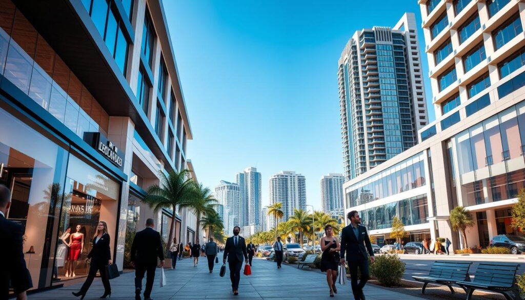 A luxurious avenue scene on Avenida Gastão Vidigal in Maringá, Brazil, showcasing upscale boutiques and modern architecture. In the foreground, stylish pedestrians in professional business attire, engaged in conversations while holding shopping bags. The middle ground features elegant storefronts with large glass windows displaying high-end fashion and accessories, adorned with lush greenery and contemporary benches. The background reveals a chic cityscape with stunning high-rise buildings, a clear blue sky, and soft sunlight illuminating the scene, creating a warm and inviting atmosphere. Use a wide-angle lens to capture the bustling ambiance of luxury shopping, with a focus on vibrant colors and elegant details. The image should evoke a sense of optimism and sophistication, reflecting the evolving luxury landscape of Maringá. A luxurious avenue scene on Avenida Gastão Vidigal in Maringá, Brazil, showcasing upscale boutiques and modern architecture. In the foreground, stylish pedestrians in professional business attire, engaged in conversations while holding shopping bags. The middle ground features elegant storefronts with large glass windows displaying high-end fashion and accessories, adorned with lush greenery and contemporary benches. The background reveals a chic cityscape with stunning high-rise buildings, a clear blue sky, and soft sunlight illuminating the scene, creating a warm and inviting atmosphere. Use a wide-angle lens to capture the bustling ambiance of luxury shopping, with a focus on vibrant colors and elegant details. The image should evoke a sense of optimism and sophistication, reflecting the evolving luxury landscape of Maringá.