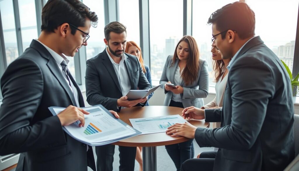 A modern and professional office environment showcasing a group of diverse individuals engaged in a discussion about the Ademicon/Rodobens consórcio. In the foreground, two professionals in business attire analyze documents and a digital tablet, with charts depicting financing options. The middle ground features a round table with a financial advisor explaining the concepts of "Lance Livre" and "Lance Fixo" to interested clients. The background has a large window showing a cityscape, providing a bright and optimistic atmosphere. Natural light pours in, enhancing the professionalism of the setting. The angle is slightly elevated, capturing the interaction and focus of the group without any distractions or text overlays, emphasizing a collaborative discussion about financing strategies. A modern and professional office environment showcasing a group of diverse individuals engaged in a discussion about the Ademicon/Rodobens consórcio. In the foreground, two professionals in business attire analyze documents and a digital tablet, with charts depicting financing options. The middle ground features a round table with a financial advisor explaining the concepts of "Lance Livre" and "Lance Fixo" to interested clients. The background has a large window showing a cityscape, providing a bright and optimistic atmosphere. Natural light pours in, enhancing the professionalism of the setting. The angle is slightly elevated, capturing the interaction and focus of the group without any distractions or text overlays, emphasizing a collaborative discussion about financing strategies.