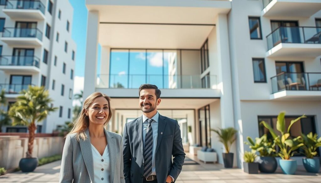 A modern apartment complex in Maringá, showcasing the concept of "entrada parcelada" for homebuyers. The foreground features a smiling couple, dressed in smart casual attire, discussing with a professional real estate agent. The middle ground includes a stylish apartment entrance with a welcoming lobby, adorned with potted plants and contemporary furniture. The background highlights the exterior of the building, with clean lines and glass balconies under a bright blue sky. Soft, natural lighting enhances the inviting atmosphere, and the scene is captured from a slightly elevated angle, providing a comprehensive view. The mood is optimistic and professional, reflecting the positive opportunity of financing options for potential homeowners. A modern apartment complex in Maringá, showcasing the concept of "entrada parcelada" for homebuyers. The foreground features a smiling couple, dressed in smart casual attire, discussing with a professional real estate agent. The middle ground includes a stylish apartment entrance with a welcoming lobby, adorned with potted plants and contemporary furniture. The background highlights the exterior of the building, with clean lines and glass balconies under a bright blue sky. Soft, natural lighting enhances the inviting atmosphere, and the scene is captured from a slightly elevated angle, providing a comprehensive view. The mood is optimistic and professional, reflecting the positive opportunity of financing options for potential homeowners.