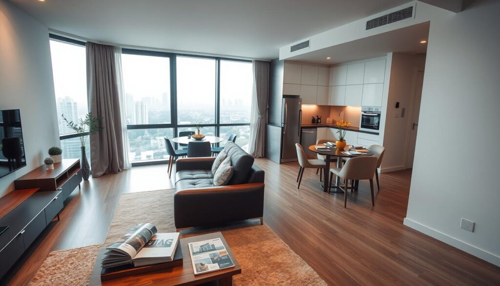 A modern apartment interior showcasing the concept of "ágio" in real estate. In the foreground, a stylish living room with elegant furnishings, including a sleek sofa, a coffee table with real estate brochures, and a large window letting in warm, natural light. In the middle ground, a well-organized kitchen area with modern appliances and a small dining table set for a business meeting, highlighting the professional aspect of buying and selling properties. In the background, a panoramic view of Maringá’s skyline, emphasizing the urban setting. The atmosphere is inviting and professional, evoking a sense of opportunity and financial investment. Soft, balanced lighting enhances the inviting features of the space, captured from a slightly elevated angle to provide a comprehensive view of the apartment's layout. A modern apartment interior showcasing the concept of "ágio" in real estate. In the foreground, a stylish living room with elegant furnishings, including a sleek sofa, a coffee table with real estate brochures, and a large window letting in warm, natural light. In the middle ground, a well-organized kitchen area with modern appliances and a small dining table set for a business meeting, highlighting the professional aspect of buying and selling properties. In the background, a panoramic view of Maringá’s skyline, emphasizing the urban setting. The atmosphere is inviting and professional, evoking a sense of opportunity and financial investment. Soft, balanced lighting enhances the inviting features of the space, captured from a slightly elevated angle to provide a comprehensive view of the apartment's layout.