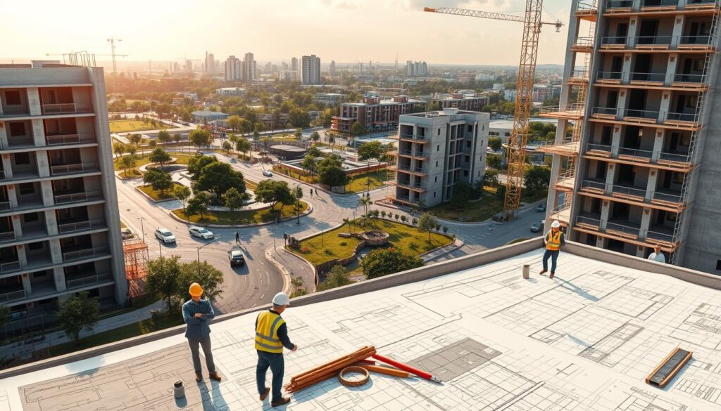 A modern architectural rendering of a residential apartment complex under construction, showcasing the blueprint layout prominently in the foreground. The scene includes workers in professional attire examining plans and interacting with machinery, demonstrating the construction process. In the middle ground, partially completed buildings are visible, displaying concrete structures and scaffolding. In the background, bustling new neighborhoods of Maringá feature green spaces, trees, and street views, reflecting a vibrant urban atmosphere. The lighting is warm and inviting, suggesting an afternoon sun, while the angle is slightly elevated, depicting both the intricate details of the apartment buildings and the progress of development. The overall mood is optimistic and professional, capturing the essence of new residential opportunities. A modern architectural rendering of a residential apartment complex under construction, showcasing the blueprint layout prominently in the foreground. The scene includes workers in professional attire examining plans and interacting with machinery, demonstrating the construction process. In the middle ground, partially completed buildings are visible, displaying concrete structures and scaffolding. In the background, bustling new neighborhoods of Maringá feature green spaces, trees, and street views, reflecting a vibrant urban atmosphere. The lighting is warm and inviting, suggesting an afternoon sun, while the angle is slightly elevated, depicting both the intricate details of the apartment buildings and the progress of development. The overall mood is optimistic and professional, capturing the essence of new residential opportunities.