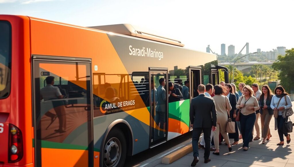 A modern bus designed for urban transport, prominently featuring the vibrant colors and branding typical of Brazilian public transit. In the foreground, the bus is parked at a designated stop, its doors open invitingly. In the middle ground, a diverse group of commuters in professional business attire and modest casual clothing board the bus, illustrating daily life in Sarandi-Maringá. The background showcases a cityscape with recognizable landmarks and greenery, under a bright, sunny sky. The scene is captured from a slightly elevated angle, highlighting the bus’s sleek design and the hustle of daily commuters, with soft, natural lighting to create a welcoming atmosphere. A modern bus designed for urban transport, prominently featuring the vibrant colors and branding typical of Brazilian public transit. In the foreground, the bus is parked at a designated stop, its doors open invitingly. In the middle ground, a diverse group of commuters in professional business attire and modest casual clothing board the bus, illustrating daily life in Sarandi-Maringá. The background showcases a cityscape with recognizable landmarks and greenery, under a bright, sunny sky. The scene is captured from a slightly elevated angle, highlighting the bus’s sleek design and the hustle of daily commuters, with soft, natural lighting to create a welcoming atmosphere.