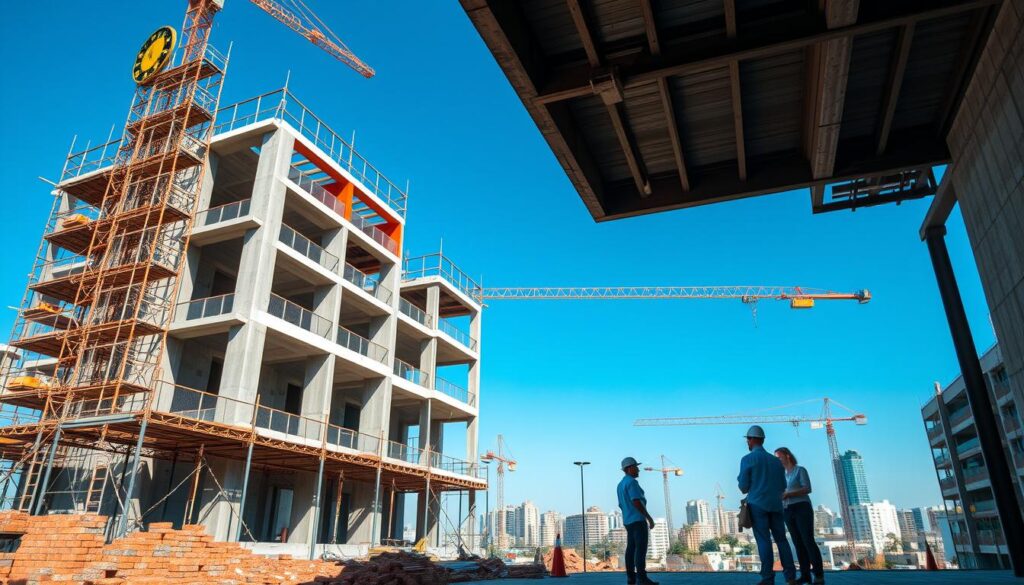 A modern construction site in Maringá, Brazil, showcasing the concept of a "taxa evolução obra" prominently. In the foreground, there are scaffolding and construction materials like bricks and steel beams, indicating an active building process. Workers in professional attire are seen discussing plans and inspecting progress. The middle ground features a partially constructed building with visible stages of development, highlighting the evolution of the project. In the background, a clear blue sky contrasts with the construction site, and elements of the urban skyline are visible. Soft, natural lighting emphasizes the scene, creating a sense of dynamism and professionalism. The angle is slightly elevated, giving a broader view of both the workers and the construction progress, fostering an informative and engaging atmosphere. A modern construction site in Maringá, Brazil, showcasing the concept of a "taxa evolução obra" prominently. In the foreground, there are scaffolding and construction materials like bricks and steel beams, indicating an active building process. Workers in professional attire are seen discussing plans and inspecting progress. The middle ground features a partially constructed building with visible stages of development, highlighting the evolution of the project. In the background, a clear blue sky contrasts with the construction site, and elements of the urban skyline are visible. Soft, natural lighting emphasizes the scene, creating a sense of dynamism and professionalism. The angle is slightly elevated, giving a broader view of both the workers and the construction progress, fostering an informative and engaging atmosphere.