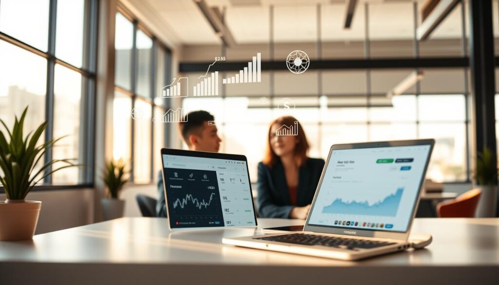 A modern digital banking scene showcasing the essence of "bancos digitais". In the foreground, a sleek, minimalist workspace features a laptop displaying a banking app with financial data. A pair of professional individuals in business attire, one male and one female, sit at the desk engaged in a discussion about digital financing options. The middle ground should depict contemporary financial elements like digital charts and financial icons floating above the laptop. In the background, a bright, airy office environment with large windows allowing natural light to flood in, creating an optimistic and innovative atmosphere. The overall lighting is bright and engaging, suggesting a blend of technology and finance, reflected in warm tones to evoke a sense of trust and professionalism. A modern digital banking scene showcasing the essence of "bancos digitais". In the foreground, a sleek, minimalist workspace features a laptop displaying a banking app with financial data. A pair of professional individuals in business attire, one male and one female, sit at the desk engaged in a discussion about digital financing options. The middle ground should depict contemporary financial elements like digital charts and financial icons floating above the laptop. In the background, a bright, airy office environment with large windows allowing natural light to flood in, creating an optimistic and innovative atmosphere. The overall lighting is bright and engaging, suggesting a blend of technology and finance, reflected in warm tones to evoke a sense of trust and professionalism.