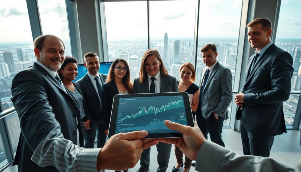 A modern digital credit market scene in Brazil, showcasing a sleek, high-tech office environment. In the foreground, a diverse group of professionals, dressed in business attire, is gathered around a digital tablet displaying financial graphs and data. The middle ground features large screens showing real-time credit market analytics and innovative fintech solutions. The background reveals a panoramic view of a bustling city skyline, symbolizing economic growth and modernization. Soft natural lighting spills through large windows, creating a bright and optimistic atmosphere. The shot is taken at eye level with a wide-angle lens to capture the dynamic interaction between the individuals and the digital technology. The overall mood conveys a sense of innovation, collaboration, and forward-thinking in the digital finance sector. A modern digital credit market scene in Brazil, showcasing a sleek, high-tech office environment. In the foreground, a diverse group of professionals, dressed in business attire, is gathered around a digital tablet displaying financial graphs and data. The middle ground features large screens showing real-time credit market analytics and innovative fintech solutions. The background reveals a panoramic view of a bustling city skyline, symbolizing economic growth and modernization. Soft natural lighting spills through large windows, creating a bright and optimistic atmosphere. The shot is taken at eye level with a wide-angle lens to capture the dynamic interaction between the individuals and the digital technology. The overall mood conveys a sense of innovation, collaboration, and forward-thinking in the digital finance sector.