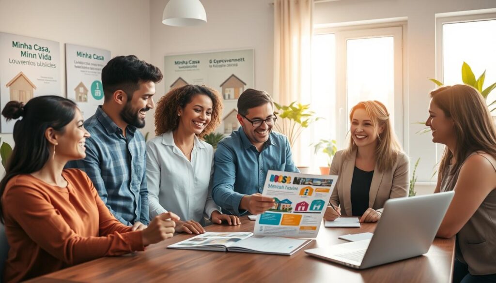 A modern family happily discussing housing options in a bright, inviting office setting that symbolizes the "subsídio habitacional" initiative. In the foreground, a diverse family of four, dressed in professional casual clothing, is gathered around a table, looking at documents and a laptop, showcasing their aspirations for homeownership. In the middle ground, a friendly consultant gestures towards a colorful brochure detailing government housing subsidies. The background features a well-lit office with posters about the Minha Casa, Minha Vida program, an open window letting in warm sunlight, and plants adding a touch of greenery. The atmosphere is optimistic and supportive, emphasizing hope and community engagement in affordable housing. Soft, natural lighting enhances the warmth of the scene, creating an inviting mood. A modern family happily discussing housing options in a bright, inviting office setting that symbolizes the "subsídio habitacional" initiative. In the foreground, a diverse family of four, dressed in professional casual clothing, is gathered around a table, looking at documents and a laptop, showcasing their aspirations for homeownership. In the middle ground, a friendly consultant gestures towards a colorful brochure detailing government housing subsidies. The background features a well-lit office with posters about the Minha Casa, Minha Vida program, an open window letting in warm sunlight, and plants adding a touch of greenery. The atmosphere is optimistic and supportive, emphasizing hope and community engagement in affordable housing. Soft, natural lighting enhances the warmth of the scene, creating an inviting mood.
