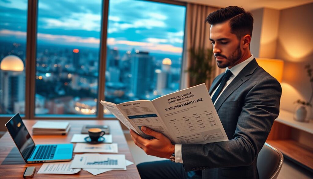 A modern financial consulting office with a large window showcasing a cityscape of Maringá, Brazil. In the foreground, a professional-looking man in formal business attire, holding a financial brochure detailing mortgage options for a R$ 250,000 apartment. He appears engaged and thoughtful, analyzing financial graphs on a tablet. In the middle, a stylish wooden desk cluttered with documents, a laptop, and a coffee cup adds realism. The background features a vibrant city skyline at dusk, with warm ambient lighting casting a cozy glow throughout the room. The atmosphere is one of urgency and professionalism, emphasizing the importance of financial planning in real estate investments. The image has a soft focus to enhance the central subject. A modern financial consulting office with a large window showcasing a cityscape of Maringá, Brazil. In the foreground, a professional-looking man in formal business attire, holding a financial brochure detailing mortgage options for a R$ 250,000 apartment. He appears engaged and thoughtful, analyzing financial graphs on a tablet. In the middle, a stylish wooden desk cluttered with documents, a laptop, and a coffee cup adds realism. The background features a vibrant city skyline at dusk, with warm ambient lighting casting a cozy glow throughout the room. The atmosphere is one of urgency and professionalism, emphasizing the importance of financial planning in real estate investments. The image has a soft focus to enhance the central subject.