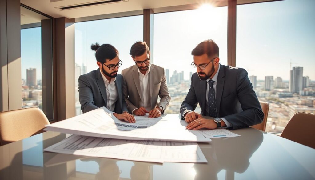 A modern financial office space with a sleek, professional aesthetic. In the foreground, a diverse group of three professionals—two men and one woman—are gathered around a conference table, reviewing detailed construction plans and financing documents for land and home construction. They are dressed in professional business attire. The middle ground features a large window with sunlight streaming in, illuminating the room and reflecting off polished surfaces. In the background, a city skyline of Maringá is visible, with its recognizable buildings under a clear blue sky. The atmosphere is focused and collaborative, conveying a sense of progress and opportunity in financing real estate transactions for the year 2026. A modern financial office space with a sleek, professional aesthetic. In the foreground, a diverse group of three professionals—two men and one woman—are gathered around a conference table, reviewing detailed construction plans and financing documents for land and home construction. They are dressed in professional business attire. The middle ground features a large window with sunlight streaming in, illuminating the room and reflecting off polished surfaces. In the background, a city skyline of Maringá is visible, with its recognizable buildings under a clear blue sky. The atmosphere is focused and collaborative, conveying a sense of progress and opportunity in financing real estate transactions for the year 2026.