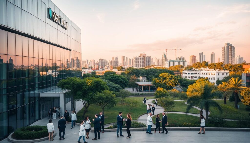 A modern hospital building named "Hospital Paraná" prominently featured in the foreground, showcasing its sleek architecture with large glass windows reflecting the vibrant surroundings. In the middle ground, a serene park area filled with green trees and walking paths, where a diverse group of healthcare professionals in professional business attire engage with patients, creating a welcoming atmosphere. The background reveals a picturesque urban skyline, bathed in soft golden hour lighting that casts gentle shadows and enhances the overall warmth of the scene. The mood is inviting and professional, illustrating a thriving healthcare community that attracts both doctors and patients, set in a bustling yet tranquil neighborhood. A slight tilt-up angle captures the hospital's grandeur against the sky, emphasizing its role as a focal point in the region. A modern hospital building named "Hospital Paraná" prominently featured in the foreground, showcasing its sleek architecture with large glass windows reflecting the vibrant surroundings. In the middle ground, a serene park area filled with green trees and walking paths, where a diverse group of healthcare professionals in professional business attire engage with patients, creating a welcoming atmosphere. The background reveals a picturesque urban skyline, bathed in soft golden hour lighting that casts gentle shadows and enhances the overall warmth of the scene. The mood is inviting and professional, illustrating a thriving healthcare community that attracts both doctors and patients, set in a bustling yet tranquil neighborhood. A slight tilt-up angle captures the hospital's grandeur against the sky, emphasizing its role as a focal point in the region.