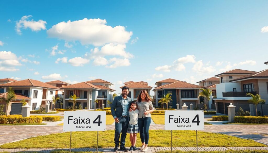 A modern housing complex representing "Faixa 4 do Minha Casa Minha Vida," showcasing contemporary architectural styles. In the foreground, a family of four, dressed in professional casual attire, stands proudly in front of a newly built home with a cheerful expression. The middle ground reveals several diverse, well-designed houses, with vibrant landscaping and clearly labeled "Faixa 4" signs. In the background, a clear blue sky with soft clouds enhances the inviting atmosphere of suburban life. The lighting is warm and inviting, simulating a sunny day, captured from a slightly elevated angle to encompass the neighborhood's layout and the family's new home. The overall mood conveys hope and aspiration for the middle-class families benefiting from this housing program. A modern housing complex representing "Faixa 4 do Minha Casa Minha Vida," showcasing contemporary architectural styles. In the foreground, a family of four, dressed in professional casual attire, stands proudly in front of a newly built home with a cheerful expression. The middle ground reveals several diverse, well-designed houses, with vibrant landscaping and clearly labeled "Faixa 4" signs. In the background, a clear blue sky with soft clouds enhances the inviting atmosphere of suburban life. The lighting is warm and inviting, simulating a sunny day, captured from a slightly elevated angle to encompass the neighborhood's layout and the family's new home. The overall mood conveys hope and aspiration for the middle-class families benefiting from this housing program.