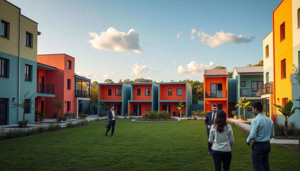 A modern housing development representing the "Minha Casa, Minha Vida" program, featuring contemporary architecture with vibrant colors and eco-friendly design. The foreground showcases a well-maintained green space with young professionals in business attire engaging in conversation, symbolizing community and new beginnings. In the middle ground, several compact yet stylish homes are clustered together, illustrating affordability and accessibility. The background displays a clear blue sky with a few fluffy clouds, adding a cheerful atmosphere. Soft, warm lighting bathes the scene to evoke hope and optimism. The viewpoint is slightly elevated, capturing the overall layout and feel of this vibrant neighborhood, emphasizing its appeal to singles seeking new housing options. A modern housing development representing the "Minha Casa, Minha Vida" program, featuring contemporary architecture with vibrant colors and eco-friendly design. The foreground showcases a well-maintained green space with young professionals in business attire engaging in conversation, symbolizing community and new beginnings. In the middle ground, several compact yet stylish homes are clustered together, illustrating affordability and accessibility. The background displays a clear blue sky with a few fluffy clouds, adding a cheerful atmosphere. Soft, warm lighting bathes the scene to evoke hope and optimism. The viewpoint is slightly elevated, capturing the overall layout and feel of this vibrant neighborhood, emphasizing its appeal to singles seeking new housing options.