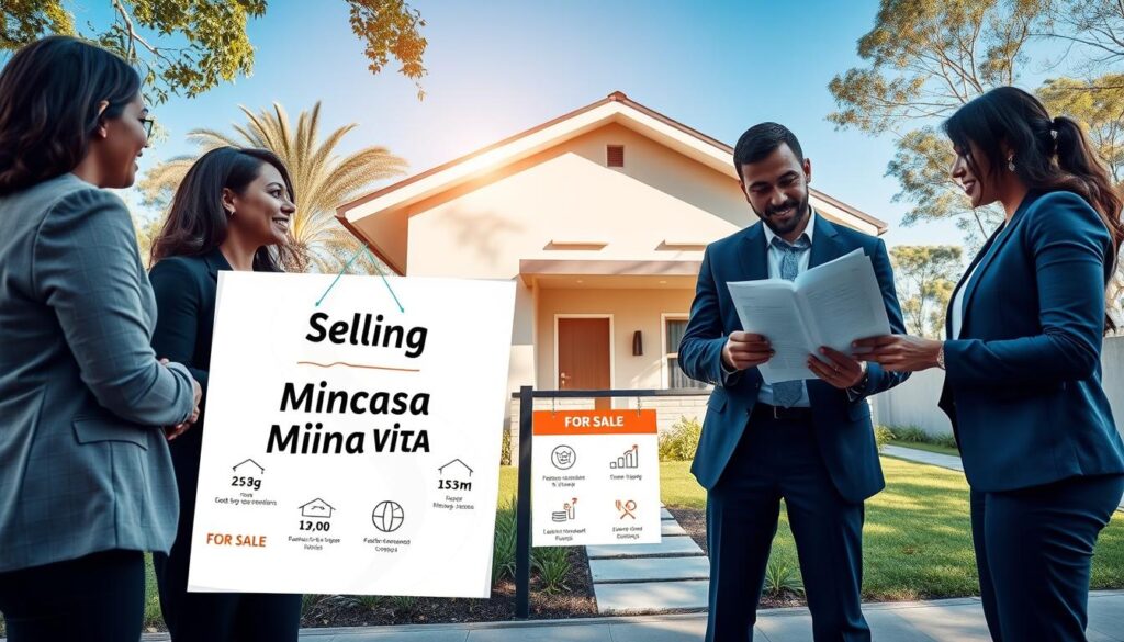 A modern, informative scene centered around selling a property under the Minha Casa Minha Vida program. In the foreground, a diverse group of four professionals in smart casual attire discuss a document titled "Selling Minha Casa Minha Vida". They stand outside a cozy, newly built house with a well-kept garden. In the middle ground, the property showcases a "For Sale" sign and illustrations of key selling points, such as financial benefits and regulations, subtly represented through icons or visual elements. The background features a clear blue sky and gentle sunlight filtering through trees, creating a welcoming atmosphere. The composition conveys professionalism, collaboration, and optimism about real estate opportunities while maintaining a focus on clarity and organization. A modern, informative scene centered around selling a property under the Minha Casa Minha Vida program. In the foreground, a diverse group of four professionals in smart casual attire discuss a document titled "Selling Minha Casa Minha Vida". They stand outside a cozy, newly built house with a well-kept garden. In the middle ground, the property showcases a "For Sale" sign and illustrations of key selling points, such as financial benefits and regulations, subtly represented through icons or visual elements. The background features a clear blue sky and gentle sunlight filtering through trees, creating a welcoming atmosphere. The composition conveys professionalism, collaboration, and optimism about real estate opportunities while maintaining a focus on clarity and organization.