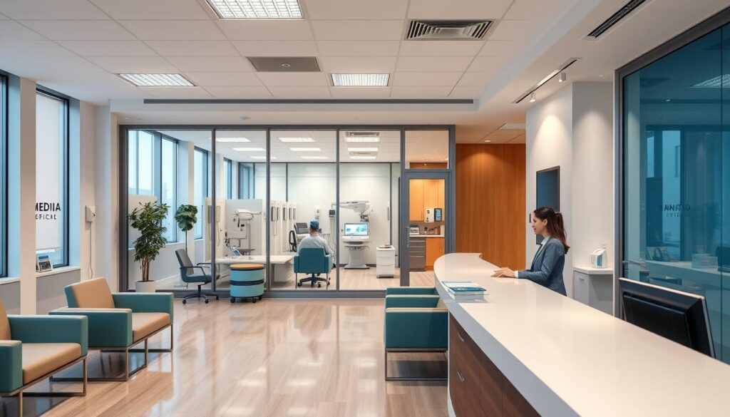 A modern medical facility interior designed for consultations and exams, showcasing a spacious waiting area with comfortable seating and calming colors. In the foreground, there’s a reception desk staffed by a professional in business attire, engaging with patients. The middle layer includes exam rooms visible through glass panels, equipped with advanced medical equipment and well-organized supplies. In the background, large windows provide natural light, creating a warm and inviting atmosphere. Soft ambient lighting enhances the welcoming vibe, conveying efficiency and care. The overall mood is professional yet approachable, reflecting a prime healthcare environment near Hospital Paraná. A modern medical facility interior designed for consultations and exams, showcasing a spacious waiting area with comfortable seating and calming colors. In the foreground, there’s a reception desk staffed by a professional in business attire, engaging with patients. The middle layer includes exam rooms visible through glass panels, equipped with advanced medical equipment and well-organized supplies. In the background, large windows provide natural light, creating a warm and inviting atmosphere. Soft ambient lighting enhances the welcoming vibe, conveying efficiency and care. The overall mood is professional yet approachable, reflecting a prime healthcare environment near Hospital Paraná.