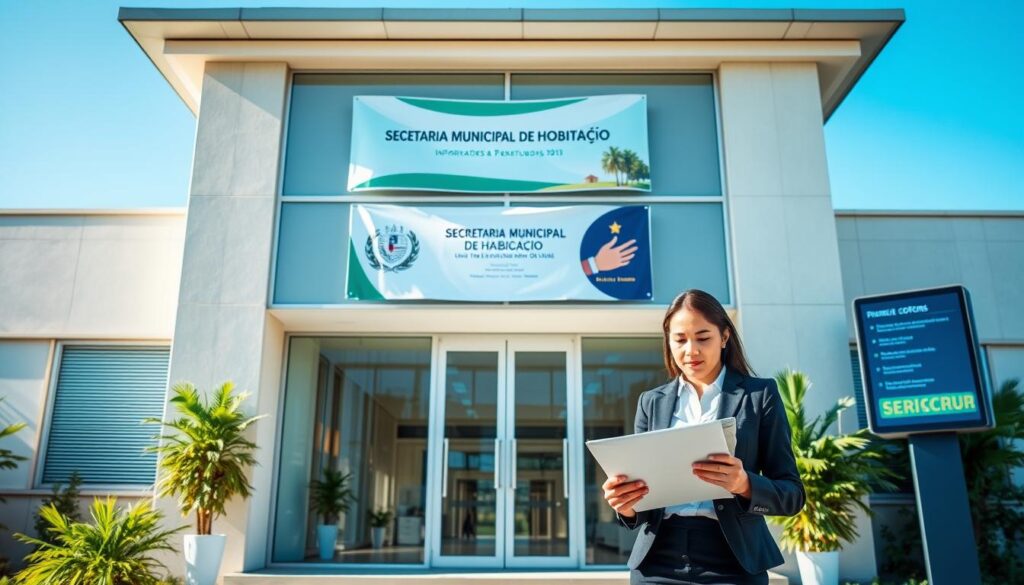 A modern municipal office building representing the "Secretaria Municipal de Habitação," featuring a welcoming entrance with large glass doors and greenery around. In the foreground, a professional woman in business attire is reviewing documents on a laptop outside the building. The middle view displays the city's banner above the entrance and a digital information board, indicating services offered. In the background, a clear blue sky enhances the bright and optimistic atmosphere of the scene. Soft, natural lighting illuminates the area, giving a fresh and vibrant feel. The composition should be captured from a slightly elevated angle to provide a comprehensive view while ensuring a professional and approachable vibe suitable for an informative article. A modern municipal office building representing the "Secretaria Municipal de Habitação," featuring a welcoming entrance with large glass doors and greenery around. In the foreground, a professional woman in business attire is reviewing documents on a laptop outside the building. The middle view displays the city's banner above the entrance and a digital information board, indicating services offered. In the background, a clear blue sky enhances the bright and optimistic atmosphere of the scene. Soft, natural lighting illuminates the area, giving a fresh and vibrant feel. The composition should be captured from a slightly elevated angle to provide a comprehensive view while ensuring a professional and approachable vibe suitable for an informative article.