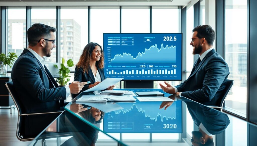 A modern office environment depicting a financial consultation about "TR financing linked to savings." In the foreground, a diverse group of three professionals—two in formal business attire and one in smart casual—are engaged in animated discussion around a sleek glass table, analyzing financial documents and charts. The middle ground features a large digital screen displaying fluctuating graphs and statistical data related to savings indices. In the background, large windows let in natural light, illuminating the space and adding a bright, optimistic atmosphere. The angle is slightly tilted to provide depth, capturing the intensity of the discussion and the importance of the subject. The overall mood is serious yet hopeful, reflecting the ongoing debate about financial stability and risk in 2026. A modern office environment depicting a financial consultation about "TR financing linked to savings." In the foreground, a diverse group of three professionals—two in formal business attire and one in smart casual—are engaged in animated discussion around a sleek glass table, analyzing financial documents and charts. The middle ground features a large digital screen displaying fluctuating graphs and statistical data related to savings indices. In the background, large windows let in natural light, illuminating the space and adding a bright, optimistic atmosphere. The angle is slightly tilted to provide depth, capturing the intensity of the discussion and the importance of the subject. The overall mood is serious yet hopeful, reflecting the ongoing debate about financial stability and risk in 2026.