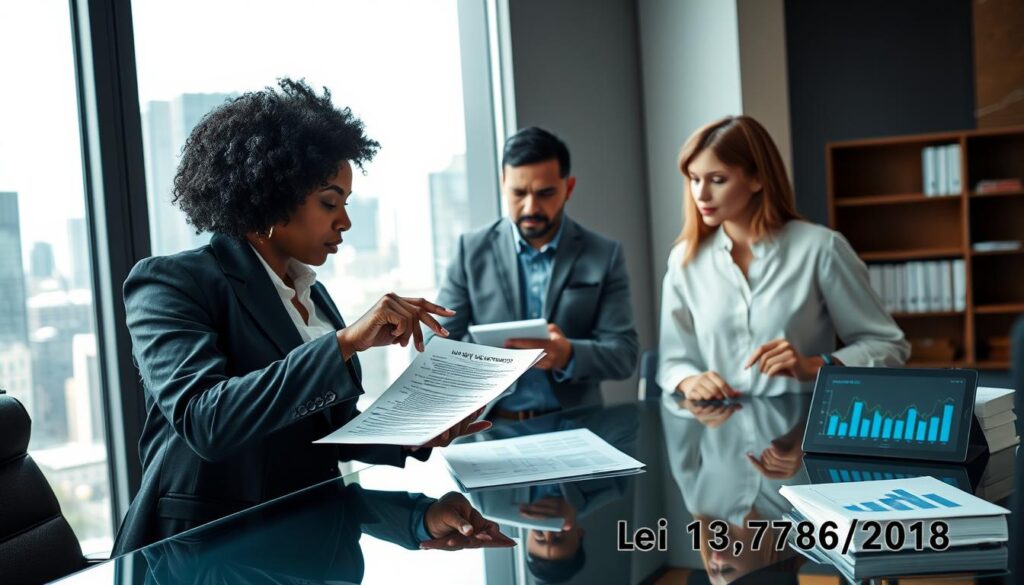 A modern office environment featuring a diverse group of three professionals engaged in a discussion about real estate contracts. In the foreground, a confident Black woman in a tailored suit points at a document on a sleek glass table. Beside her, a Hispanic man in smart casual attire takes notes, while a Caucasian woman in a blouse listens attentively. The middle ground showcases a large window with a city skyline view, symbolizing urban development. In the background, law books and a digital tablet displaying a graph representing market trends. Soft natural lighting illuminates the scene, creating a professional, focused atmosphere. The image should convey themes of legal discourse and real estate insights, emphasizing the significance of the Lei 13.786/2018. A modern office environment featuring a diverse group of three professionals engaged in a discussion about real estate contracts. In the foreground, a confident Black woman in a tailored suit points at a document on a sleek glass table. Beside her, a Hispanic man in smart casual attire takes notes, while a Caucasian woman in a blouse listens attentively. The middle ground showcases a large window with a city skyline view, symbolizing urban development. In the background, law books and a digital tablet displaying a graph representing market trends. Soft natural lighting illuminates the scene, creating a professional, focused atmosphere. The image should convey themes of legal discourse and real estate insights, emphasizing the significance of the Lei 13.786/2018.