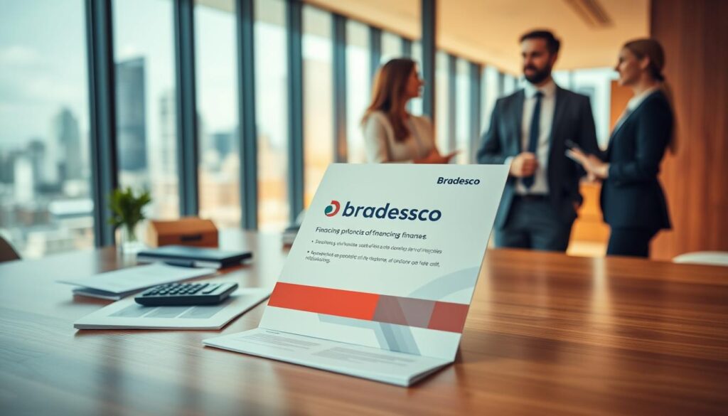 A modern office environment featuring a sleek Bradesco financing brochure prominently displayed on a polished wooden desk. In the foreground, there are professional business documents and a financial calculator, symbolizing financial planning. In the middle background, diverse professionals in business attire—two men and a woman—engaged in a discussion, showcasing collaboration and understanding of Bradesco financing options. Soft, diffused lighting enhances the welcoming atmosphere, with warm tones casting gentle shadows. In the far background, a city skyline is visible through large glass windows, suggesting urban financial opportunities. The image conveys a sense of trust, professionalism, and empowerment as clients explore financing options. Focus on clarity and detail to create a visually appealing and informative representation. A modern office environment featuring a sleek Bradesco financing brochure prominently displayed on a polished wooden desk. In the foreground, there are professional business documents and a financial calculator, symbolizing financial planning. In the middle background, diverse professionals in business attire—two men and a woman—engaged in a discussion, showcasing collaboration and understanding of Bradesco financing options. Soft, diffused lighting enhances the welcoming atmosphere, with warm tones casting gentle shadows. In the far background, a city skyline is visible through large glass windows, suggesting urban financial opportunities. The image conveys a sense of trust, professionalism, and empowerment as clients explore financing options. Focus on clarity and detail to create a visually appealing and informative representation.