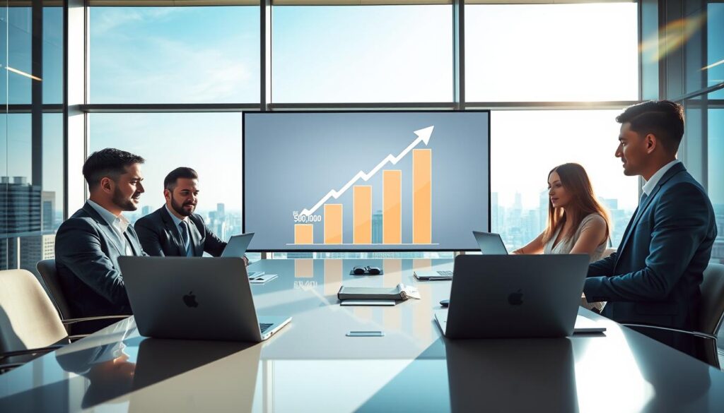 A modern office environment showcasing a professional financial discussion about the new R$ 500,000 limit for MCMV housing finance. In the foreground, a diverse team of three professionals, two men and one woman, dressed in business attire, are gathered around a sleek conference table with laptops and financial documents. The middle ground features a large digital screen displaying a graphic representation of the R$ 500,000 limit, illustrated with upward arrows and charts symbolizing growth and opportunity. The background includes floor-to-ceiling windows revealing a city skyline, drenched in natural sunlight, creating a positive and optimistic atmosphere. The overall mood is one of collaboration and enthusiasm, emphasizing the potential impact of this financial change on the middle class. Aim for a clean, modern aesthetic with sharp focus and bright lighting. A modern office environment showcasing a professional financial discussion about the new R$ 500,000 limit for MCMV housing finance. In the foreground, a diverse team of three professionals, two men and one woman, dressed in business attire, are gathered around a sleek conference table with laptops and financial documents. The middle ground features a large digital screen displaying a graphic representation of the R$ 500,000 limit, illustrated with upward arrows and charts symbolizing growth and opportunity. The background includes floor-to-ceiling windows revealing a city skyline, drenched in natural sunlight, creating a positive and optimistic atmosphere. The overall mood is one of collaboration and enthusiasm, emphasizing the potential impact of this financial change on the middle class. Aim for a clean, modern aesthetic with sharp focus and bright lighting.
