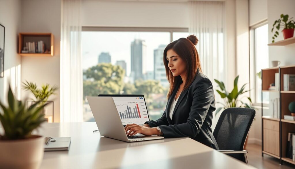 A modern office interior in Maringá, showcasing a bright and inviting atmosphere. In the foreground, a professional businesswoman in business attire sits at a sleek desk with a laptop open, engaged in a financial simulation interface, displaying graphs and numbers. The middle ground features a large window offering a view of Maringá’s distinctive skyline, with green trees lining the streets outside. Soft, natural light filters through, creating a warm ambiance. In the background, shelves filled with financial books and plants add a touch of vitality. The overall mood is focused and optimistic, emphasizing the importance of financial planning for home ownership in this vibrant city. A modern office interior in Maringá, showcasing a bright and inviting atmosphere. In the foreground, a professional businesswoman in business attire sits at a sleek desk with a laptop open, engaged in a financial simulation interface, displaying graphs and numbers. The middle ground features a large window offering a view of Maringá’s distinctive skyline, with green trees lining the streets outside. Soft, natural light filters through, creating a warm ambiance. In the background, shelves filled with financial books and plants add a touch of vitality. The overall mood is focused and optimistic, emphasizing the importance of financial planning for home ownership in this vibrant city.