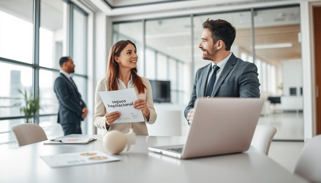 A modern office setting focused on a professional interaction about home insurance. In the foreground, two business professionals, one man and one woman, are engaged in a discussion, both wearing smart business attire. The woman is holding documentation related to "seguro habitacional caixa," reflecting her interest and understanding of home insurance coverage. In the middle ground, a sleek desk is adorned with insurance brochures and a laptop displaying graphs and statistics, emphasizing the benefits of home insurance. In the background, large windows provide natural lighting, creating a bright, inviting atmosphere. The overall mood is one of professionalism, trust, and security, showcasing the importance of understanding home insurance options. The angle is slightly elevated, capturing the dynamics of the interaction. A modern office setting focused on a professional interaction about home insurance. In the foreground, two business professionals, one man and one woman, are engaged in a discussion, both wearing smart business attire. The woman is holding documentation related to "seguro habitacional caixa," reflecting her interest and understanding of home insurance coverage. In the middle ground, a sleek desk is adorned with insurance brochures and a laptop displaying graphs and statistics, emphasizing the benefits of home insurance. In the background, large windows provide natural lighting, creating a bright, inviting atmosphere. The overall mood is one of professionalism, trust, and security, showcasing the importance of understanding home insurance options. The angle is slightly elevated, capturing the dynamics of the interaction.
