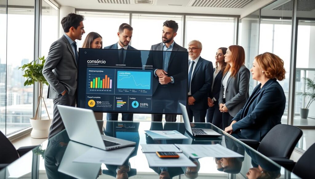 A modern office setting focused on the concept of "consórcio" in a financial context. In the foreground, a diverse group of professionals in business attire engages in a discussion over a large digital screen displaying infographics of consórcio and financing options. The middle layer features a sleek glass table with financial documents, a laptop, and a calculator, symbolizing planning and collaboration. In the background, contemporary office décor and a cityscape view through large windows create a bright, optimistic atmosphere. Soft, natural lighting enhances the mood, evoking a sense of hope and future success. The angle of the shot is slightly elevated to capture the interaction among the professionals and the screen content effectively. A modern office setting focused on the concept of "consórcio" in a financial context. In the foreground, a diverse group of professionals in business attire engages in a discussion over a large digital screen displaying infographics of consórcio and financing options. The middle layer features a sleek glass table with financial documents, a laptop, and a calculator, symbolizing planning and collaboration. In the background, contemporary office décor and a cityscape view through large windows create a bright, optimistic atmosphere. Soft, natural lighting enhances the mood, evoking a sense of hope and future success. The angle of the shot is slightly elevated to capture the interaction among the professionals and the screen content effectively.