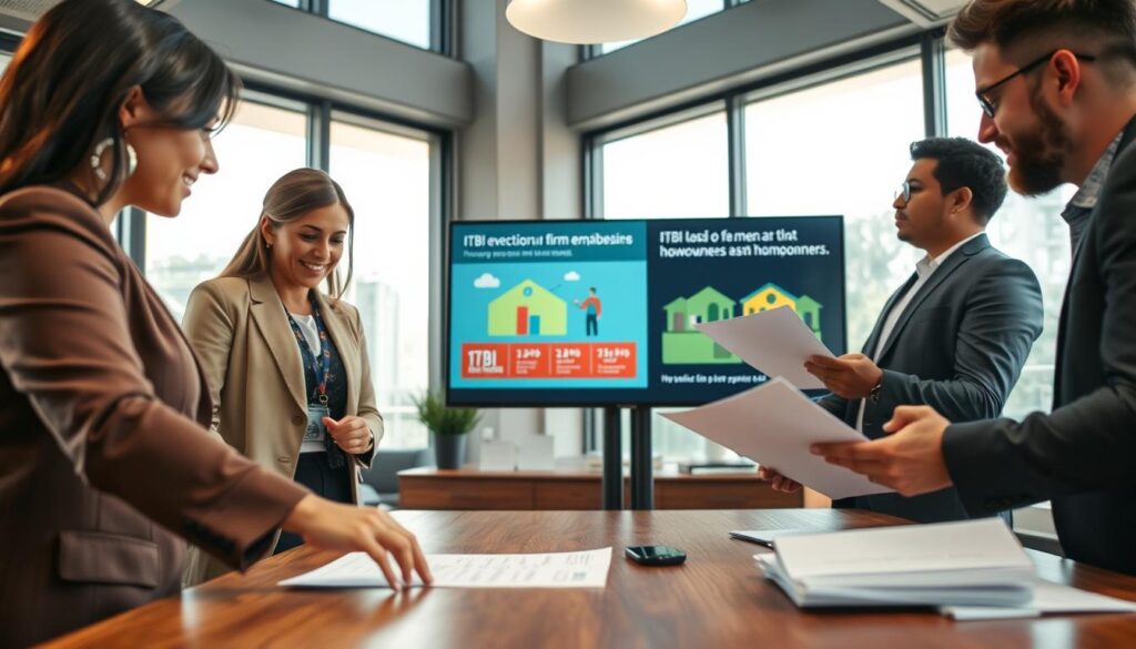A modern office setting in Maringá, showcasing a diverse group of four professionals engaged in a discussion about property ownership and tax exemptions. In the foreground, a Brazilian woman in smart casual attire points to a document on a wooden table, while a man in a suit reviews papers with a thoughtful expression. In the middle ground, a screen displays a colorful infographic about ITBI exemption for first-time homeowners. In the background, large windows allow natural light to flood the space, creating a warm atmosphere. The scene captures a sense of collaboration and hopefulness, emphasizing accessibility to home ownership. Soft lighting enhances the inviting mood, focusing on the people and their interaction. A modern office setting in Maringá, showcasing a diverse group of four professionals engaged in a discussion about property ownership and tax exemptions. In the foreground, a Brazilian woman in smart casual attire points to a document on a wooden table, while a man in a suit reviews papers with a thoughtful expression. In the middle ground, a screen displays a colorful infographic about ITBI exemption for first-time homeowners. In the background, large windows allow natural light to flood the space, creating a warm atmosphere. The scene captures a sense of collaboration and hopefulness, emphasizing accessibility to home ownership. Soft lighting enhances the inviting mood, focusing on the people and their interaction.