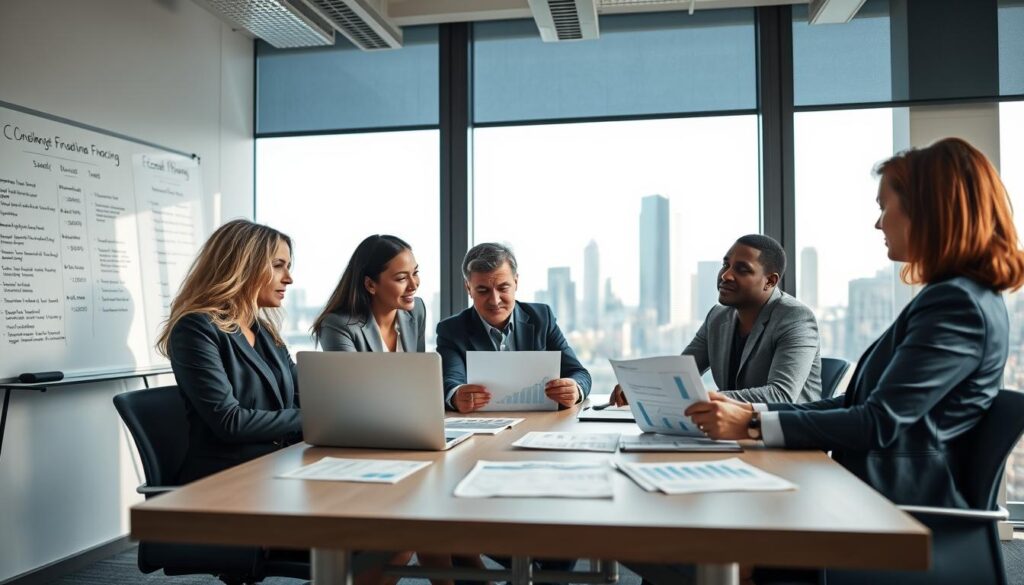 A modern office setting showcasing a cooperative financing discussion. In the foreground, a diverse group of three professionals in business attire (a woman in a blazer, a man in a tailored suit, and a woman in smart casual wear), seated around a conference table, examining financial documents and graphs on a laptop. In the middle background, a large window with city skyline views, allowing natural light to flood the space, creating an optimistic and collaborative atmosphere. The left background features a whiteboard filled with notes comparing cooperative financing and traditional banking. The overall mood is focused and analytical, with a color scheme of blues and greens to evoke trust and professionalism. A modern office setting showcasing a cooperative financing discussion. In the foreground, a diverse group of three professionals in business attire (a woman in a blazer, a man in a tailored suit, and a woman in smart casual wear), seated around a conference table, examining financial documents and graphs on a laptop. In the middle background, a large window with city skyline views, allowing natural light to flood the space, creating an optimistic and collaborative atmosphere. The left background features a whiteboard filled with notes comparing cooperative financing and traditional banking. The overall mood is focused and analytical, with a color scheme of blues and greens to evoke trust and professionalism.