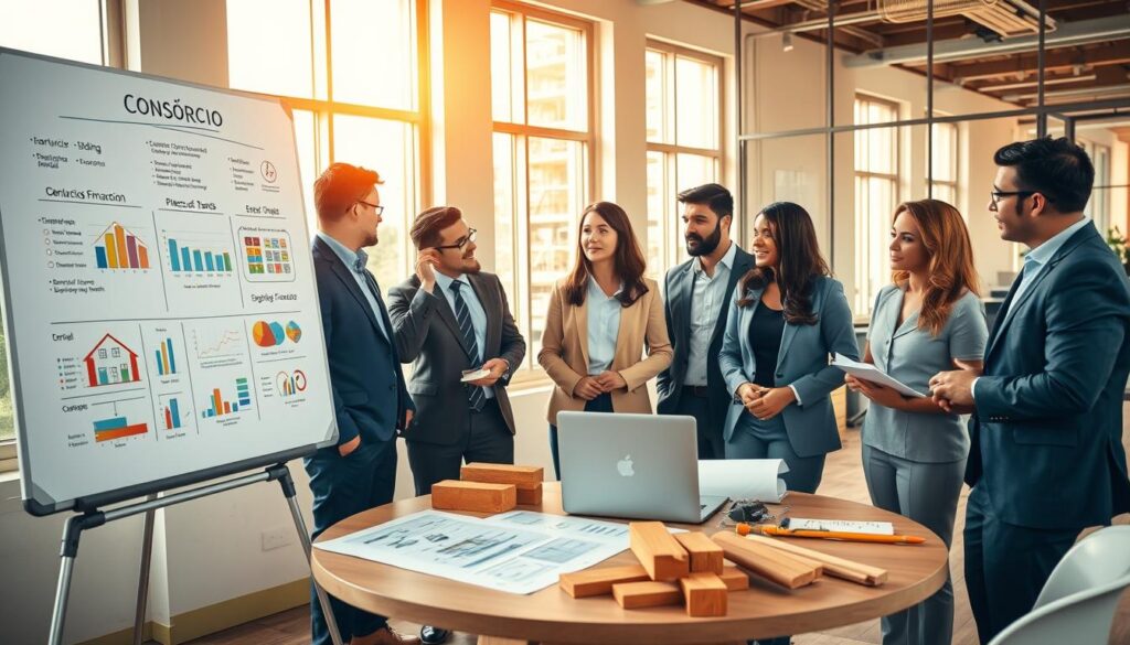 A modern office setting showcasing a group of diverse professionals engaged in a discussion about construction financing. In the foreground, a whiteboard filled with colorful charts and graphs illustrating consórcio concepts and stepwise funding processes. The middle ground features a round table with blueprints of home designs, a laptop displaying financial information, and a few construction materials like bricks and wood samples. In the background, large windows let in warm, natural light, creating an inviting atmosphere. Soft shadows enhance the depth of the scene. The professionals are dressed in business attire, showing engagement and collaboration as they strategize the release of funds in stages. The mood is focused yet optimistic, reflecting the potential of building dreams through a consórcio para construção approach. A modern office setting showcasing a group of diverse professionals engaged in a discussion about construction financing. In the foreground, a whiteboard filled with colorful charts and graphs illustrating consórcio concepts and stepwise funding processes. The middle ground features a round table with blueprints of home designs, a laptop displaying financial information, and a few construction materials like bricks and wood samples. In the background, large windows let in warm, natural light, creating an inviting atmosphere. Soft shadows enhance the depth of the scene. The professionals are dressed in business attire, showing engagement and collaboration as they strategize the release of funds in stages. The mood is focused yet optimistic, reflecting the potential of building dreams through a consórcio para construção approach.