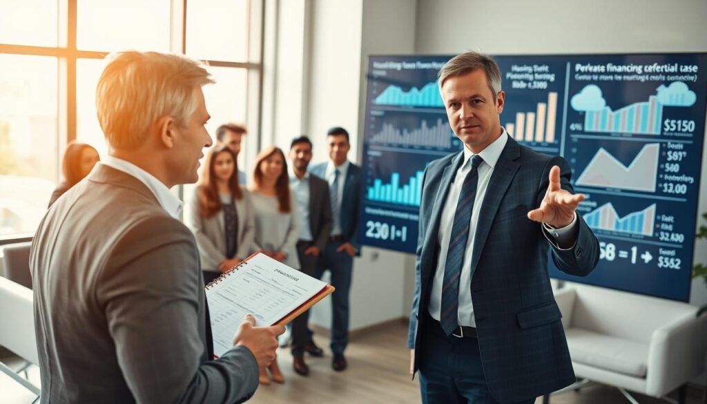 A modern office setting showcasing a professional discussing real estate financing options. In the foreground, a well-dressed financial advisor, a middle-aged man with short hair, gestures towards a large digital display showcasing charts and graphs about the housing market and financing trends. The advisor is surrounded by sleek office furniture and a notepad with financial figures, emphasizing a serious yet approachable atmosphere. In the middle ground, a group of attentive clients, a diverse mix of ages and ethnicities, listen intently, belying hope and ambition. The background features large windows allowing natural light to flood the room, creating a warm and inviting mood. The image should evoke professionalism and trust, with a focus on financial growth in the real estate market. A modern office setting showcasing a professional discussing real estate financing options. In the foreground, a well-dressed financial advisor, a middle-aged man with short hair, gestures towards a large digital display showcasing charts and graphs about the housing market and financing trends. The advisor is surrounded by sleek office furniture and a notepad with financial figures, emphasizing a serious yet approachable atmosphere. In the middle ground, a group of attentive clients, a diverse mix of ages and ethnicities, listen intently, belying hope and ambition. The background features large windows allowing natural light to flood the room, creating a warm and inviting mood. The image should evoke professionalism and trust, with a focus on financial growth in the real estate market.