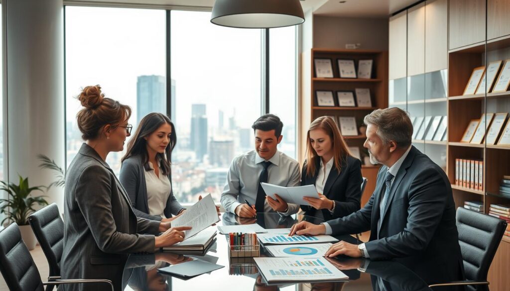 A modern office setting showcasing a professional discussing "seguro habitacional". In the foreground, a diverse group of individuals in business attire, including a woman with glasses and a man with a tablet, are engaged in conversation around a stylish conference table, examining documents and charts related to home insurance. In the middle ground, a large window reveals an urban skyline with soft, natural lighting pouring in, enhancing the atmosphere of trust and professionalism. The background features shelves filled with financial books and certificates, adding a sense of authority. The overall mood is collaborative and informative, reflecting the significance of understanding home insurance and its offerings from banks. The image should evoke professionalism and clarity. A modern office setting showcasing a professional discussing "seguro habitacional". In the foreground, a diverse group of individuals in business attire, including a woman with glasses and a man with a tablet, are engaged in conversation around a stylish conference table, examining documents and charts related to home insurance. In the middle ground, a large window reveals an urban skyline with soft, natural lighting pouring in, enhancing the atmosphere of trust and professionalism. The background features shelves filled with financial books and certificates, adding a sense of authority. The overall mood is collaborative and informative, reflecting the significance of understanding home insurance and its offerings from banks. The image should evoke professionalism and clarity.
